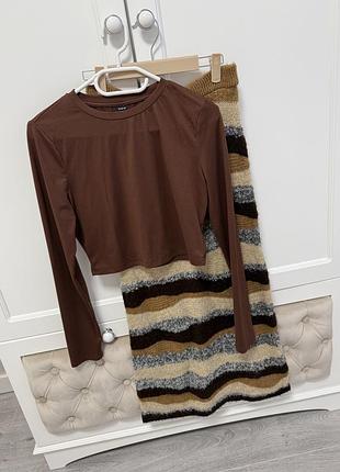 Костюм міді вʼязана спідниця коричнева шоколадна гольф кофта топ укорочена лонгслів сукня плаття