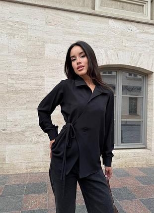 Ділова блуза з креп шифону з акцентною завʼязкою на поясі