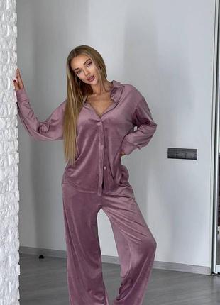 Вишуканий велюровий костюм вільна сорочка на ґудзиках та штани палаццо вільного крою на резинці