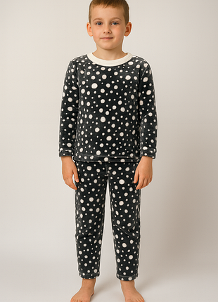 Детская флисовая пижама в горох черная с белым для мальчика/девочки 6–7 лет / eu 116-122 / состояние идеальный!!