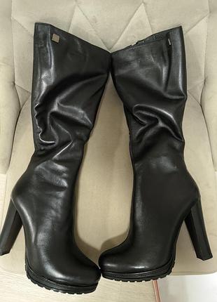 Високі чоботи сапоги кожа хутро шкіра каблук renzana  зима зимові чобітки сапожки (103)