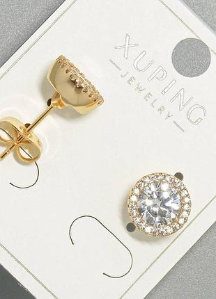 Серьги пусеты xuping с белым кристаллом и белыми стразами, круглая оправа d-9,5мм позолота