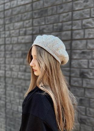 Сірий кашеміровий берет з паєтками, вязаний жіночий берет ручна робота