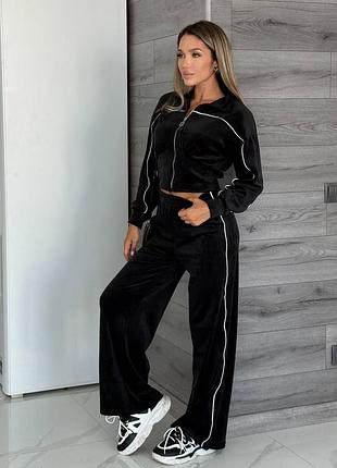 Жіночий спортивний костюм велюровий з кофтою чорний сірий білий широкі штани кофта на змійці 42 44 46 48 розмір