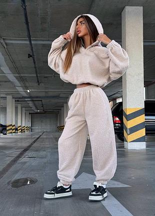 ❗ексклюзив❗теплий на флісі костюм тедді оверсайз худі на кулісці з капішоном і широкі штани на високій талії на гумці