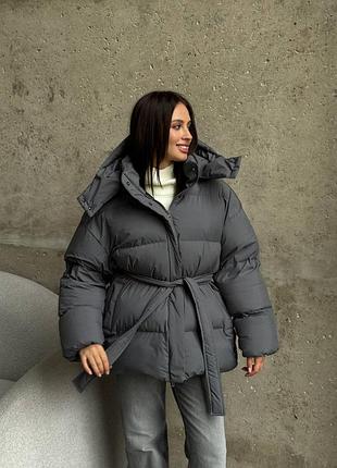 Жіночий теплий дутий об'ємний пуфер куртка курточка-пуховик зимовий зима сірий