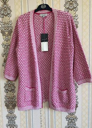 Стильний в'язаний кардиган, малиновий з білим кардиган накидка
