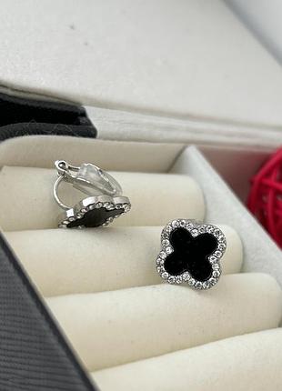 Кліпси конюшина під срібло, клипсы клевер под серебро, на не проколені, чорні, с камушками, с камнями, без прокола, новинка, на непробиті вуха, топ