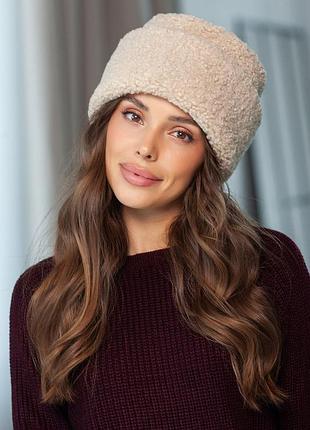 Шапка из экомеха тедди на флисе,шапка из экомеха, шапка зимняя