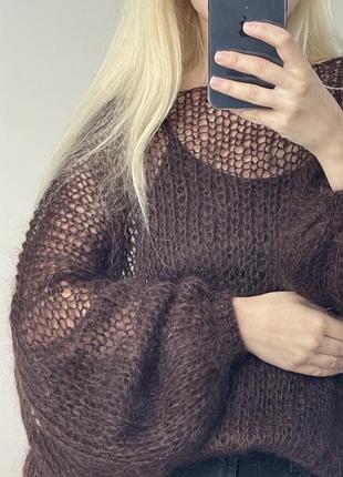 Светр мохер ручна робота павутинка хмаринка оверсайз коричневий шоколадний