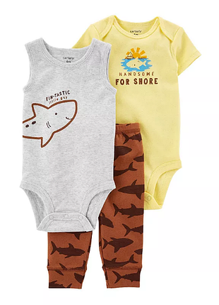 Carters комплект набор хлопковых тройка бодики и штаны картерс shark