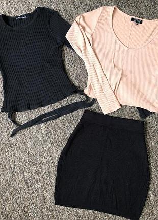 Одяг для дівчини, чорна кофта голі плечі, спідниця міні, вкорочена кофта