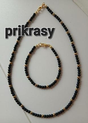 Комплект чокер браслет натуральне каміння гематит онікс намисто буси з натурального каменю