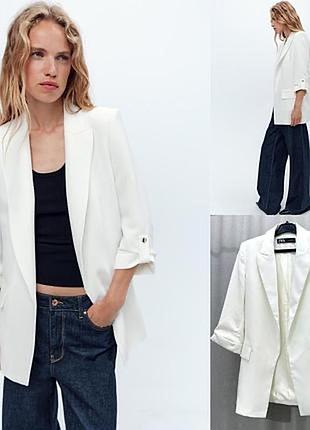 Белый удлиненный пиджак zara жакет блейзер білий подовжений піджак