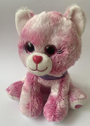 Мяшкая игрушка розовая плюшевая кошечка котёнок кот с блестящими глазами с сердечками на лапках мʼяка плюшева іграшка рожевий кот котик киця