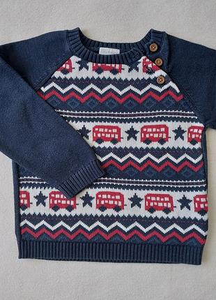 Свитер вязаный синий с красными автобусами, фирмы f&amp;f baby, размер 86-92, 18-24 мес, 100% хлопок