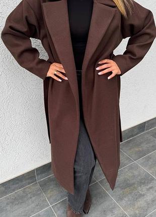Женское осеннее весне теплое пальто на запах коричневое шоколадное