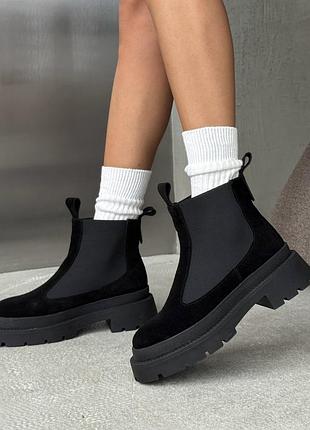 Черевики челсі замшеві чорні жіночі осінь весна демі з байкою