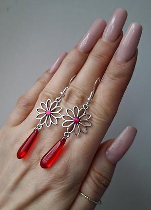 Серьги цветы красн подвески серёжки красив сереб ручн работ