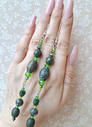 Серьги длинные бохо этно тренд зелённые серёжки ручная работа кульчики салатов boho etno оливков сереб