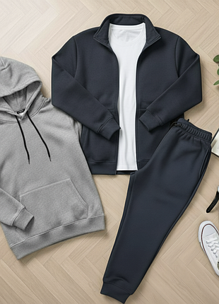 Теплый комплект 4в1 зипер худи футболка кофта на молнии с капюшоном без капюшона джоггеры осенний зимний весенний спортивный повседневный костюм