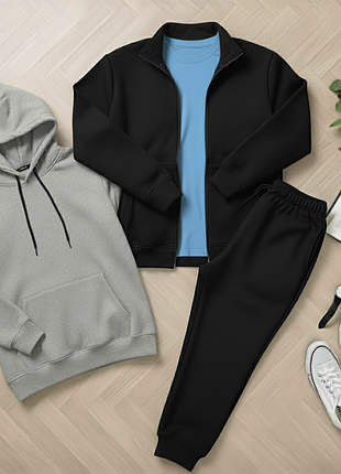 Теплый комплект 4в1 зипер худи футболка кофта на молнии с капюшоном без капюшона джоггеры осенний зимний весенний спортивный повседневный костюм