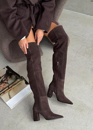 Шикарные зимние замшевые ботфорты на каблуках в популярном цвете шоколад наличие и отшив