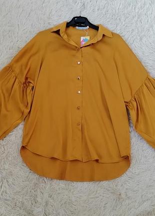 Блузка рубашка искусственный шелк с пышными объемными рукавами