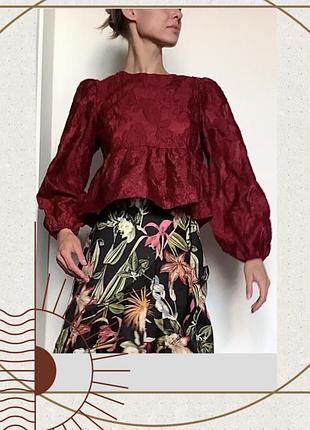 Бордо блуза обʼємна бохо блузочка бафи довгий рукав вишита баска oldmoney hm