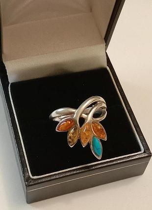 Серебряное кольцо янтарь бирюза серебро 925 пробы