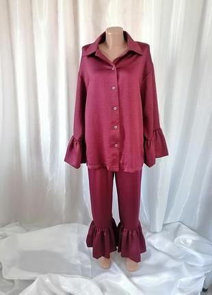 Костюм комбинезон с воланами ткань мокрый шелк вискоза размер универсальная высокая посадка пышный рукав