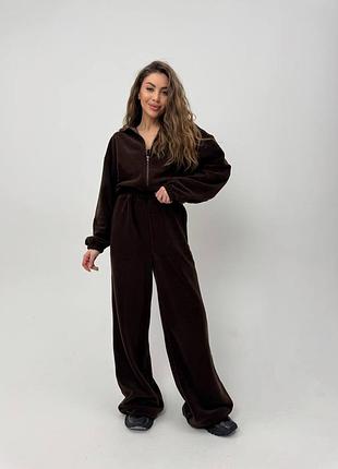 Женский качественный теплый флисовый брючный комбинезон коричневый шоколад шоколадный