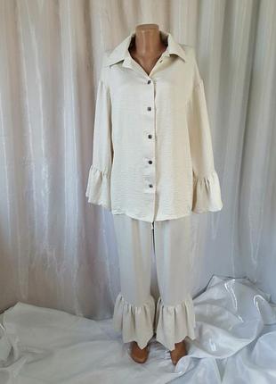 Костюм комбинезон с воланами ткань мокрый шелк вискоза размер универсальная высокая посадка пышный рукав