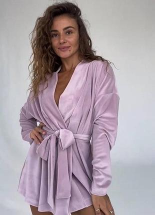 Женский халат велюровый домашний на поясе не мнется сиреневый черный мята цвет размер с л