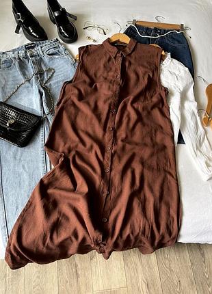 Шоколадна пряма сукня на ґудзиках з додаванням льону