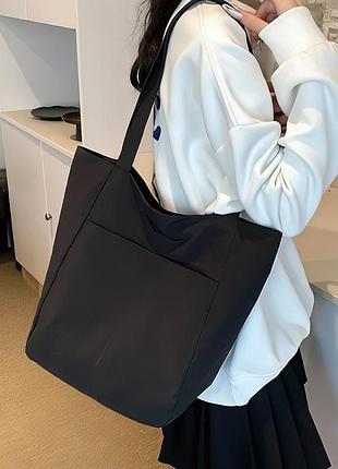 Женская сумка шоппер черная текстильная с длинными ручками