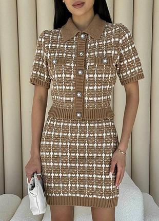 Накладной платеж ❤ 30% шерсть шерсть шерсть шерсть вязаный трикотажный костюм топ кардиган на пуговицах с воротничком поло и юбка под букле в стиле олд мани