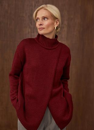 Бордовий светр на запах з горлом з преміаоьної вовняної пряжі