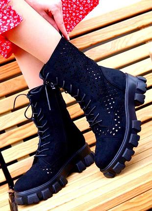 Ботинки женские черные замшевые на платформе демисезонные