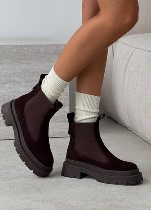 Premium! жіночі замшеві коричневі черевики демісезонні черевики на байку натуральна