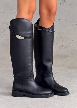 Сапоги трубы жокеи кожаные черные деми демисезонные 11764