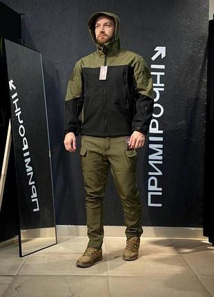 Костюм олива з чорним софтшел gman soft shell на флісі