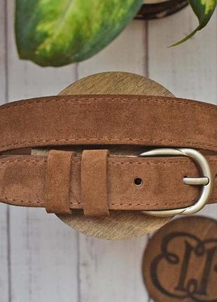 Ремень замшевый женский светло коричневый коньячный прошитый 3см с серебряной пряжкой