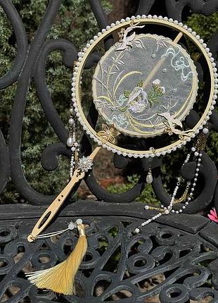 Традиционное круглое веер с шелковой вышивкой в стиле ханьфа белый жемчуг