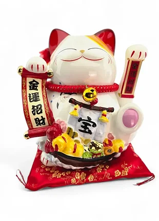 Статуэтка на удачу кот манэки-нэко керамический (23,5 см) с подушечкой