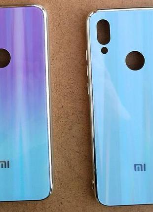 Бампер для xiaomi redmi 7 сиреневый, голубой градиент радуга иридизация, твердый, стекло