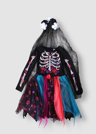 Карнавальний маскарадний костюм плаття 98 скелет зомбі калака calaca з фатою відьма halloween хололоуїн 10-11 років