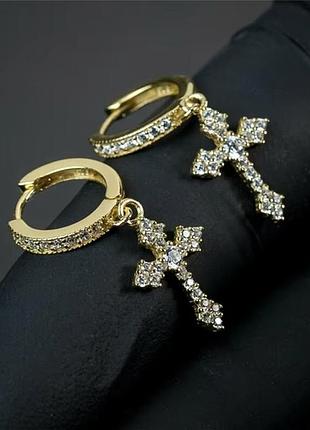 Серьги женские кольца крестики золотые со стразами новые