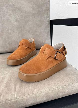 Накладной платеж ❤ натуральные кожаные утепленные байкой замшевые ботинки клоги с ремешком рыжие