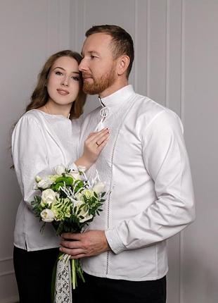 Парные вышиванки праздничные, свадебные рубашки белая по белому